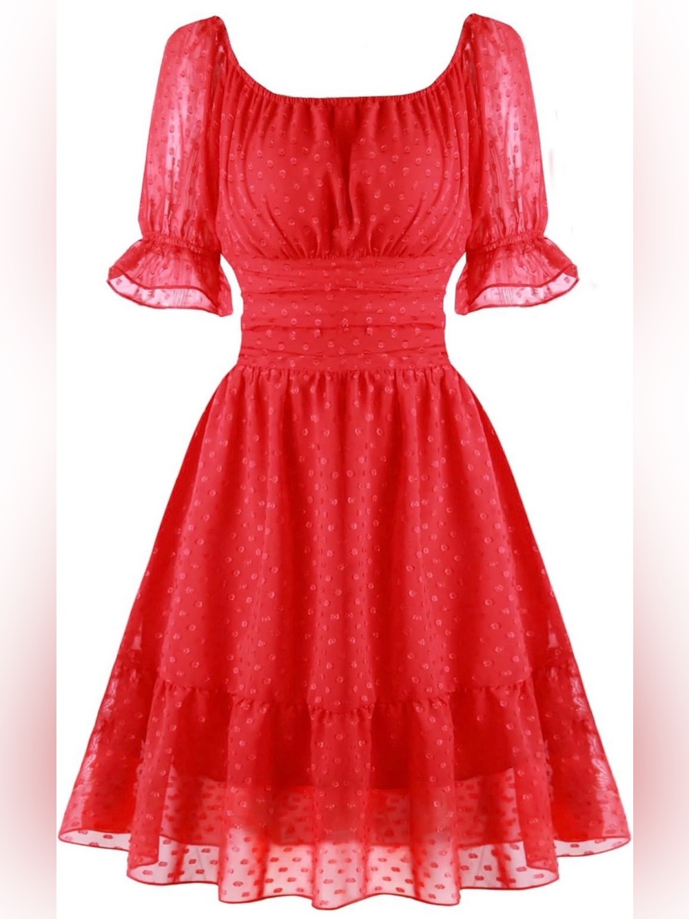 Women’s Orange Swiss Dot Puff Sleeve Midi Dress with Cutout Back - Size Small